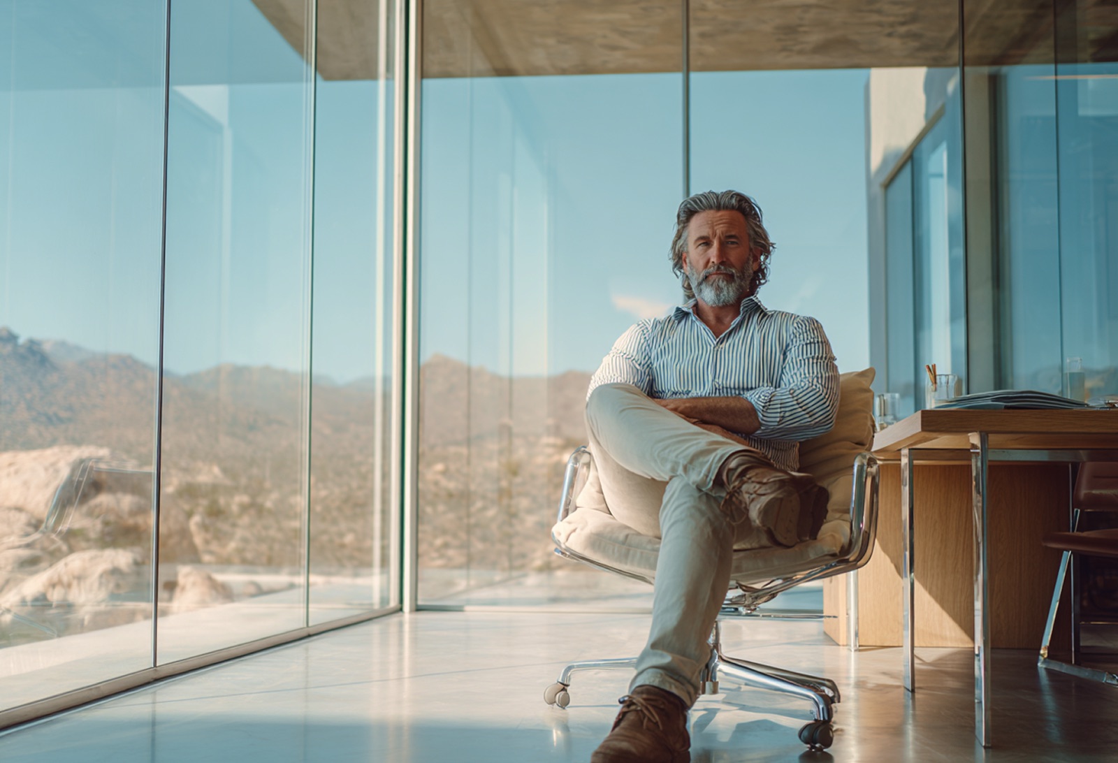 Environmental portrait, glass office with desert view